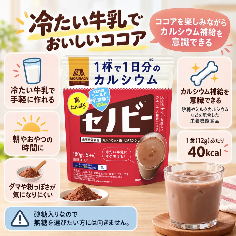 森永製菓 セノビー 180gの要点：冷たい牛乳に混ぜやすい・カルシウム配合・栄養機能食品