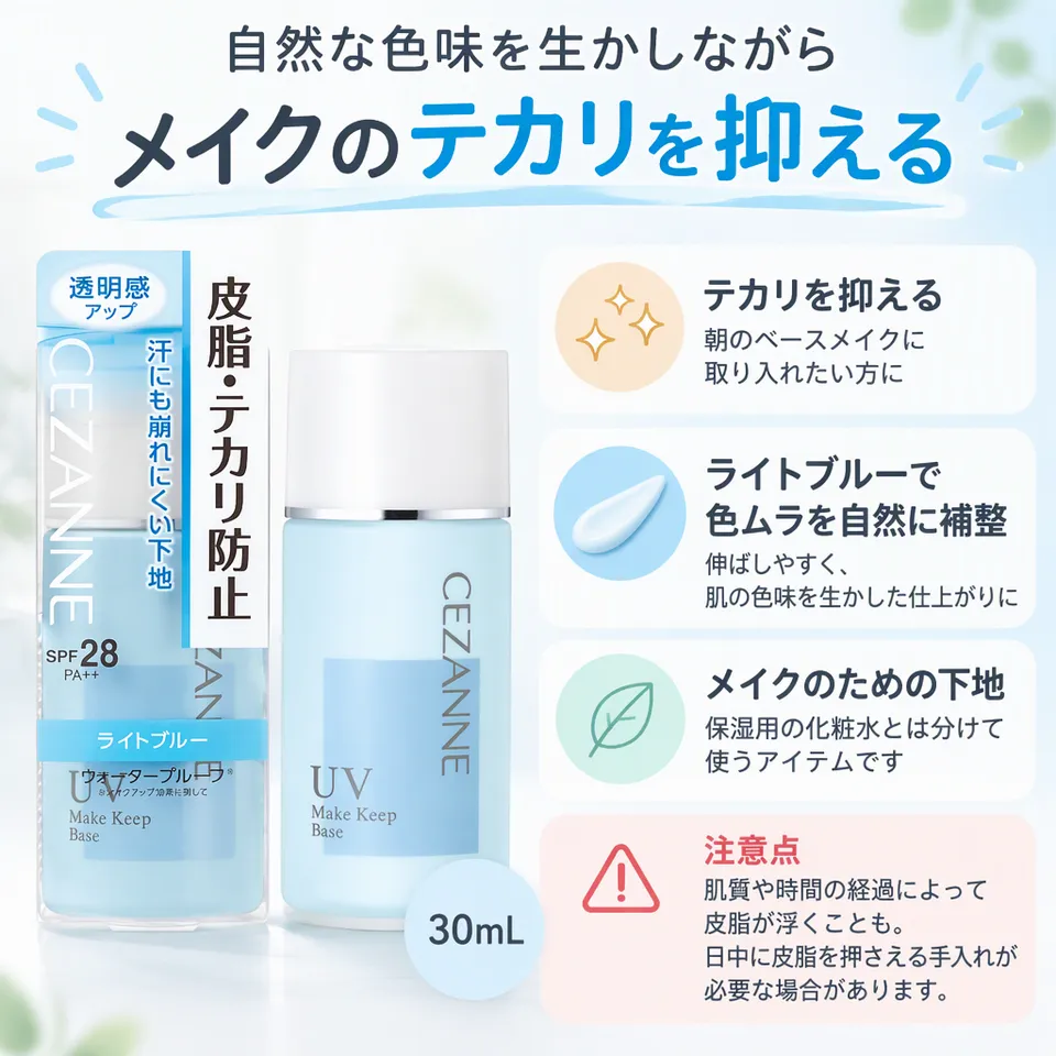 セザンヌ 皮脂テカリ防止下地 ライトブルー 30mLの要点：皮脂テカリ対策・色ムラを整える・伸ばしやすい下地