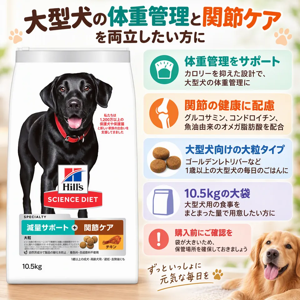 サイエンスダイエット 減量サポート＋関節ケア 大粒 10.5kgの要点：大型犬向けの大粒・体重と関節に配慮・大容量のドライ