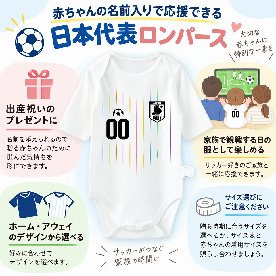 シャレもん 名入れ日本代表ロンパースの要点：名入れできる・赤ちゃんの応援服・出産祝いの候補