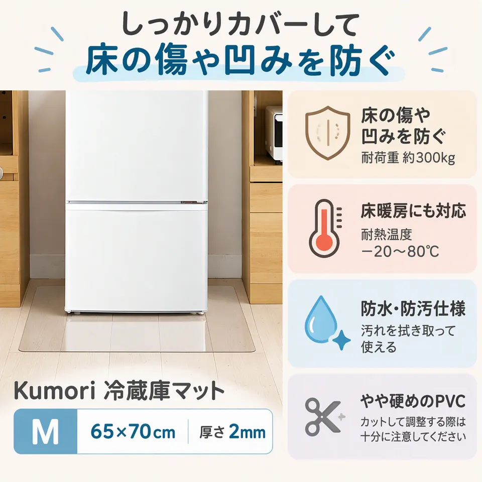 Kumori 冷蔵庫マット M 65×70cm 厚さ2mmの要点：広めの設置面・床暖房に対応・汚れを拭き取りやすい