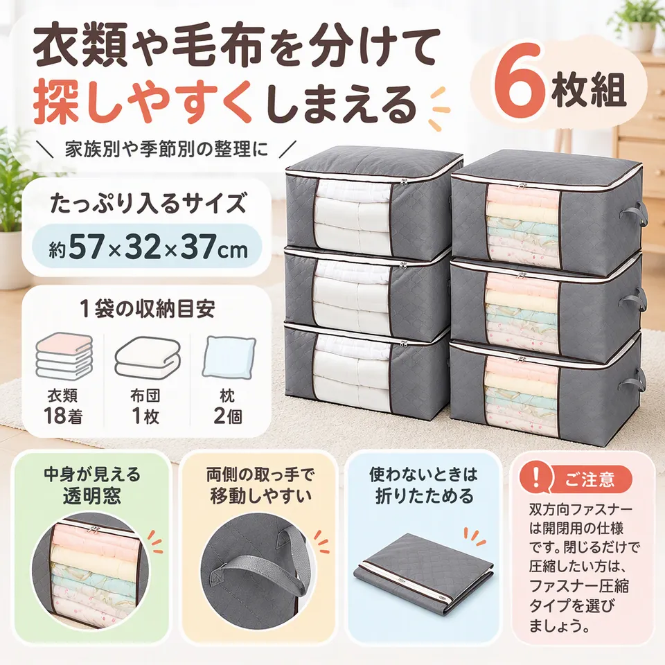 DR.TREE 不織布収納袋 6枚組 57×32×37cmの要点：用途別に仕分け・窓から中身が見える・取っ手付き