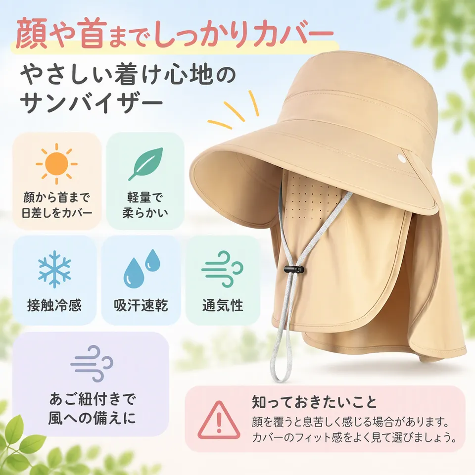 O.F.M UVカットサンバイザーの要点：顔周りから首まで覆う・軽量で柔らかな素材・さらりとした肌触り