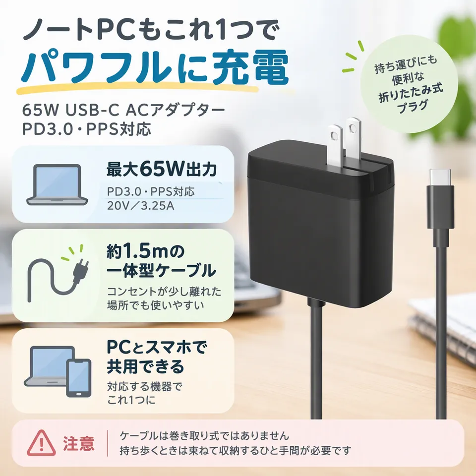 65W USB-C ACアダプター PD3.0・PPS対応の要点：ノートPC向けの出力・長めの一体型ケーブル・折りたたみ式プラグ