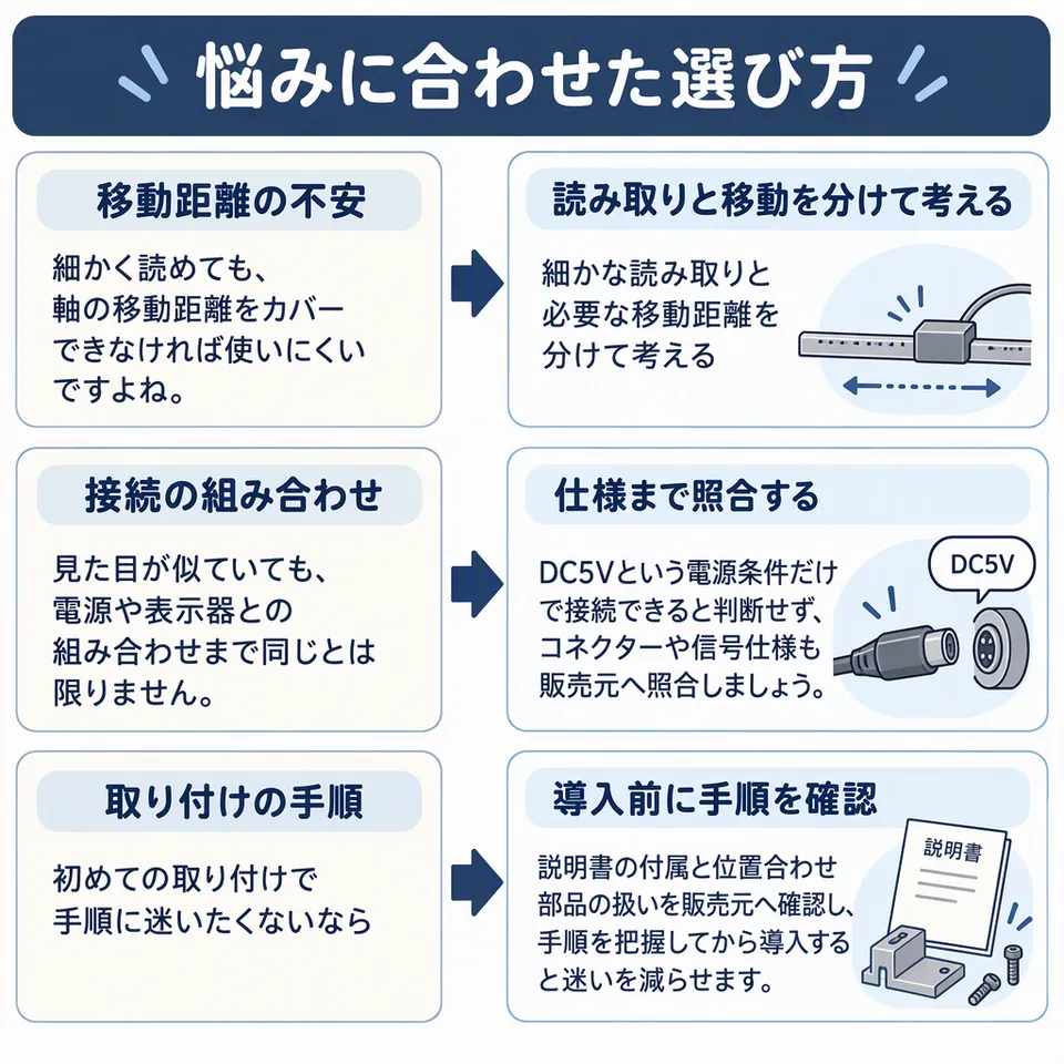 悩みと提案：細かく読めても、軸の移動距離をカバーできなければ使いにくいですよね。 → 細かな読み取りと必要な移動距離を分けて考える／見た目が似ていても、電源や表示器との組み合わせまで同じとは限りません。 → DC5Vという電源条件だけで接続できると判断せず、コネクターや信号仕様も販売元へ照合しましょう。／初めての取り付けで手順に迷いたくないなら → 説明書の付属と位置合わせ部品の扱いを販売元へ確認し、手順を把握してから導入すると迷いを減らせます。