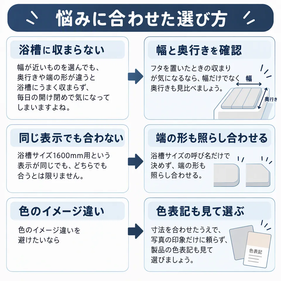 悩みと提案：幅が近いものを選んでも、奥行きや端の形が違うと浴槽にうまく収まらず、毎日の開け閉めで気になってしまいますよね。 → フタを置いたときの収まりが気になるなら、幅だけでなく奥行きも見比べましょう。／浴槽サイズ1600mm用という表示が同じでも、どちらでも合うとは限りません。 → 浴槽サイズの呼び名だけで決めず、端の形も照らし合わせる／色のイメージ違いを避けたいなら → 寸法を合わせたうえで、写真の印象だけに頼らず、製品の色表記も見て選びましょう。