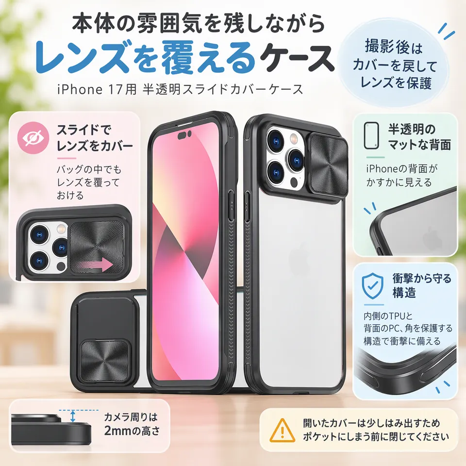 iPhone 17用 半透明スライドカバーケース ブラックの要点：マットな半透明・角を保護する構造・閉じてレンズを保護
