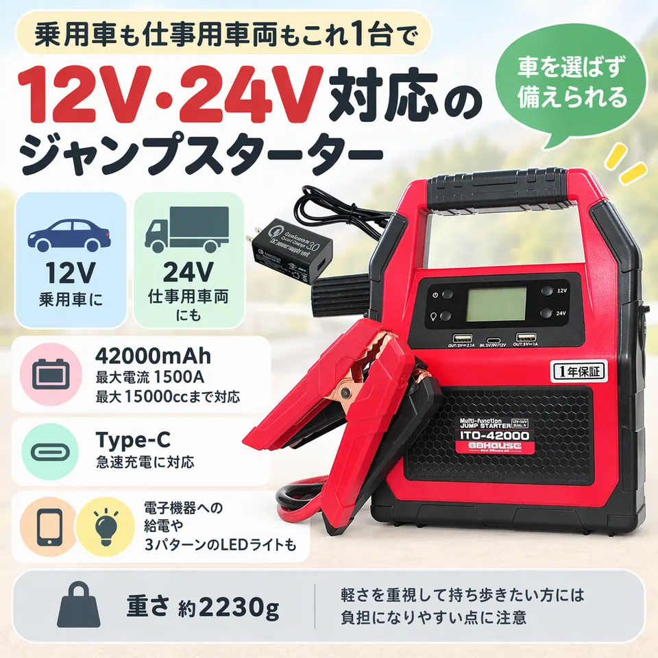 88HOUSE ITO-42000 L1416の要点：大型車にも対応・大容量の充電式・給電とライト付き