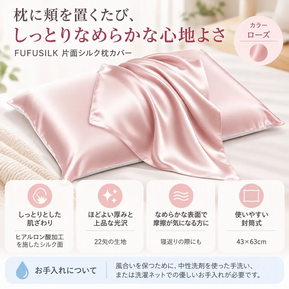 FUFUSILK 片面シルク枕カバー 22匁 43×63cm ローズの要点：しっとりした風合い・厚みのあるシルク面・金具のない封筒式