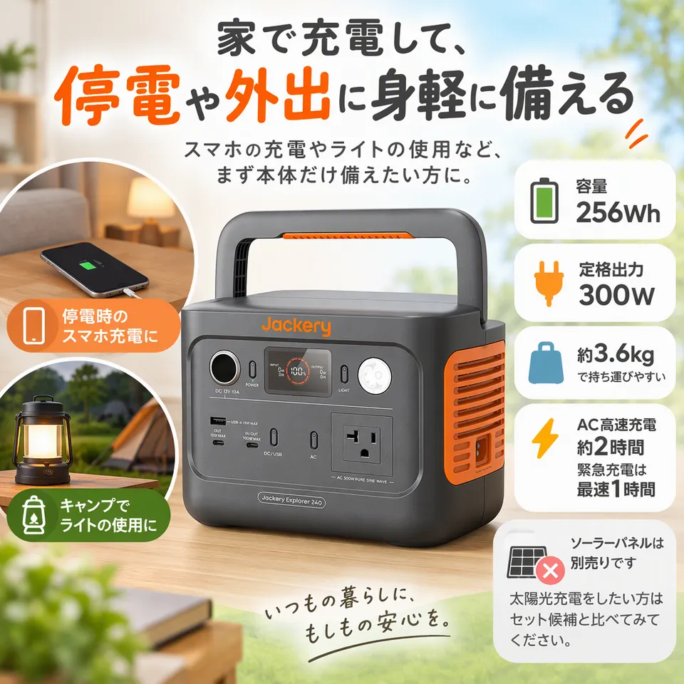 Jackery ポータブル電源 240 New 256Whの要点：本体だけで備える・持ち出しやすい重さ・急ぎの充電にも対応