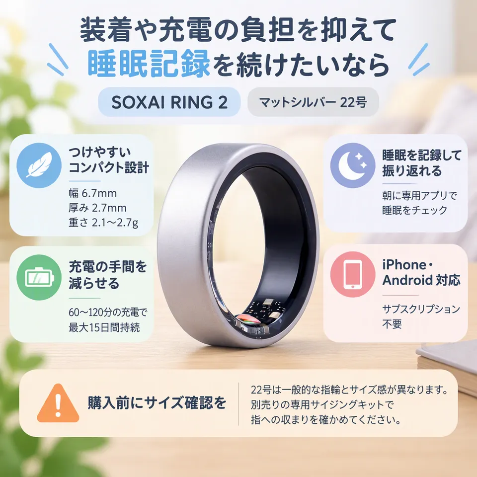SOXAI RING 2 マットシルバー 22号の要点：軽量なチタン製・充電の手間を抑える・アプリの継続課金不要