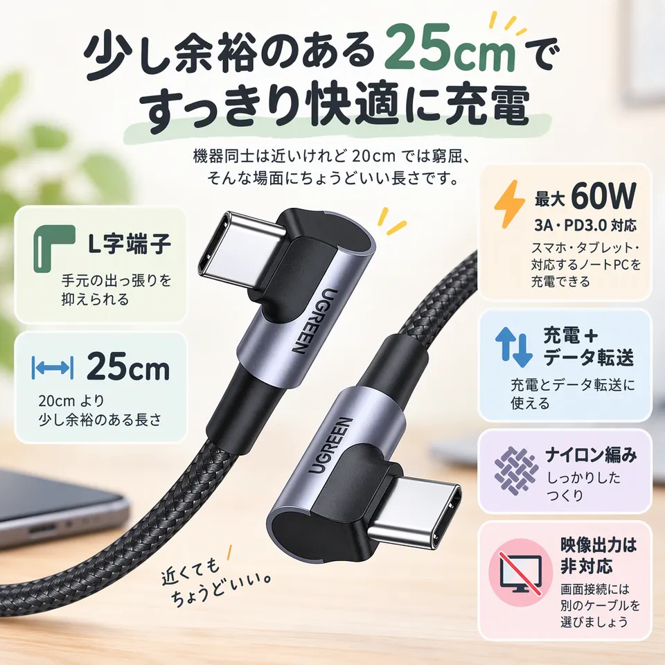 UGREEN USB-C L字 25cm 60Wの要点：少し余裕のある短さ・手元を邪魔しにくい・ナイロン編み
