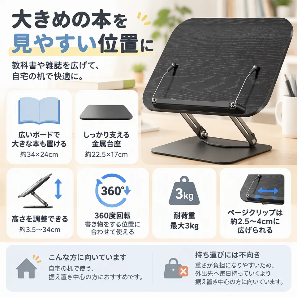 viozon 書見台 15インチ 黒の要点：大きめの本に対応・高さと向きを調整・据え置き中心に
