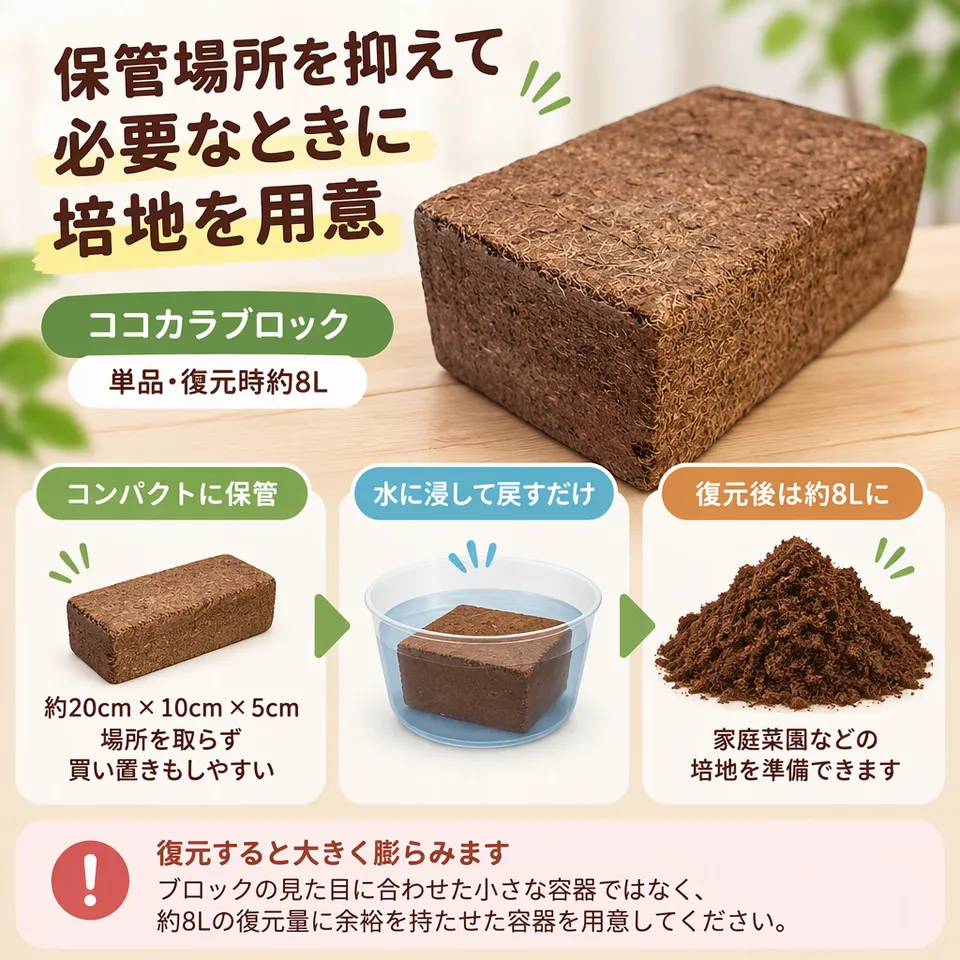 ココカラブロック 単品・復元時約8Lの要点：圧縮で省スペース・吸水して復元・ブロック形状