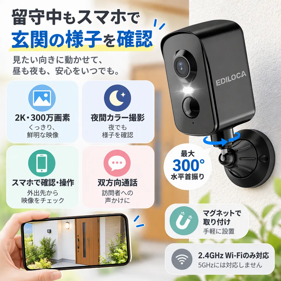 Ediloca マグネット式屋外カメラ 2K・300万画素の要点：スマホで首振り操作・夜間カラー撮影・充電式で磁石設置