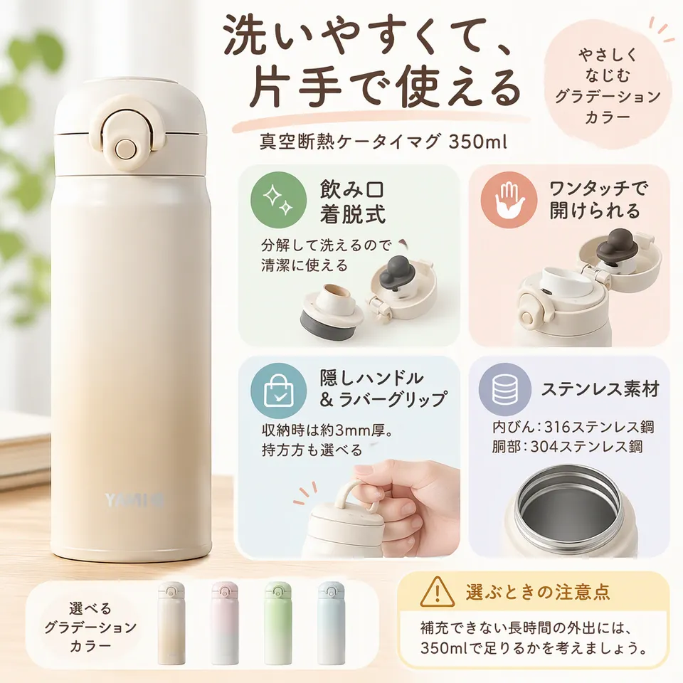 真空断熱ケータイマグ 350ml グラデーションベージュの要点：飲み口を外せる・収納できる持ち手・グラデーション色
