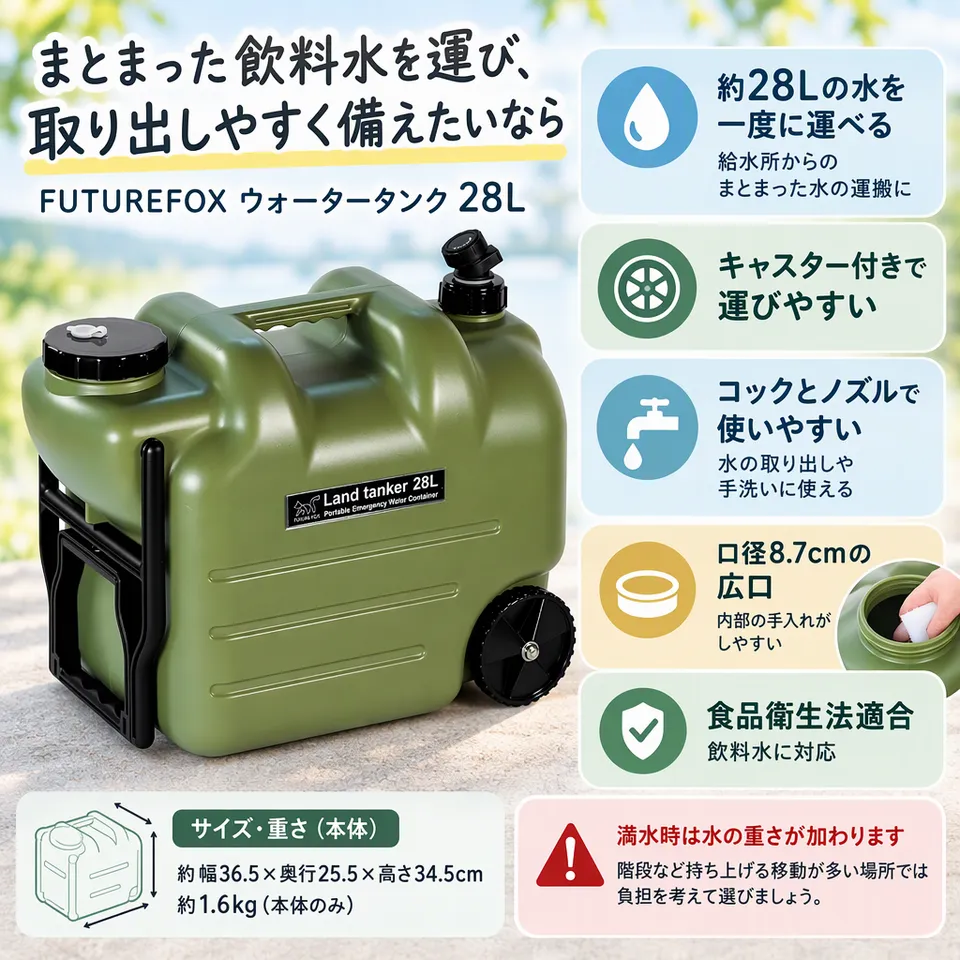 FUTUREFOX ウォータータンク 28Lの要点：飲料水に対応・広口で手入れしやすい・コックとノズル付き