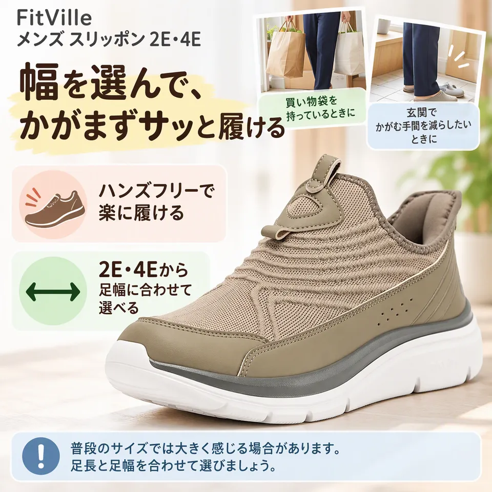 FitVille メンズ スリッポン 2E・4Eの要点：手を使わず履ける・足幅を選べる・厚底タイプ