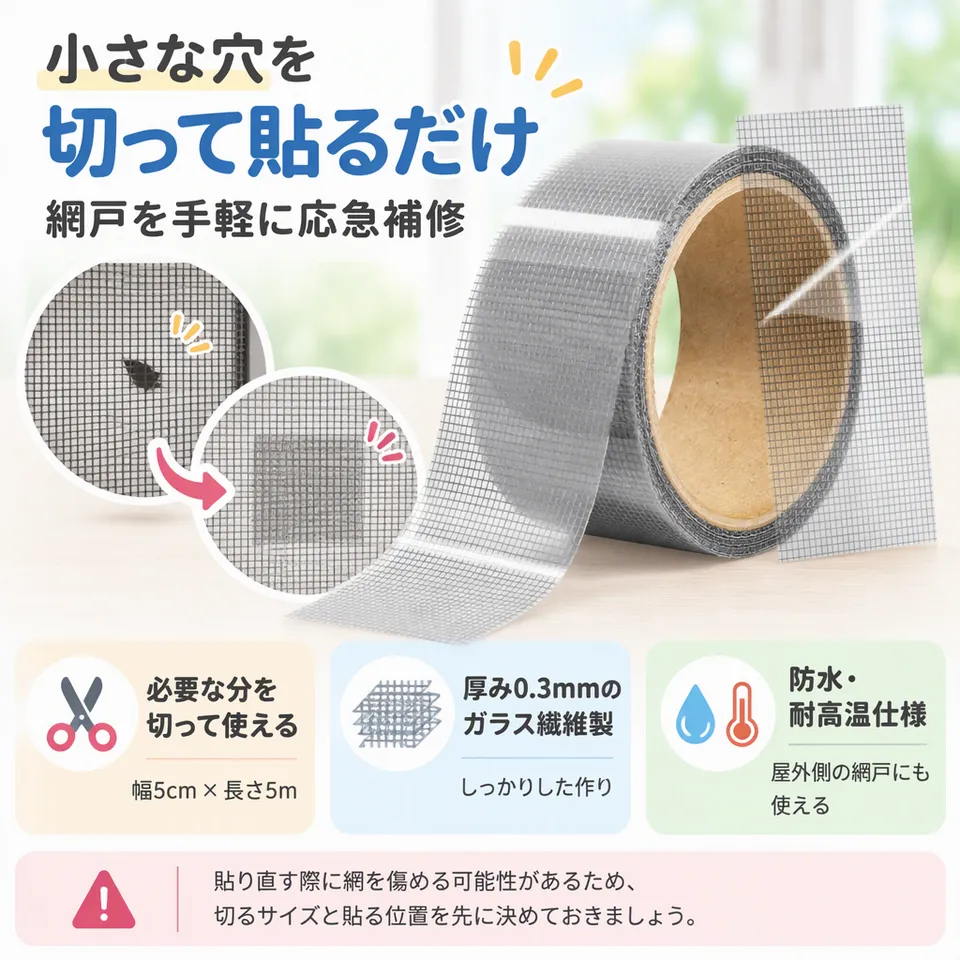 網戸補修テープ 幅5cm×5m グレーの要点：自由に切って補修・防水仕様・グレーの補修テープ