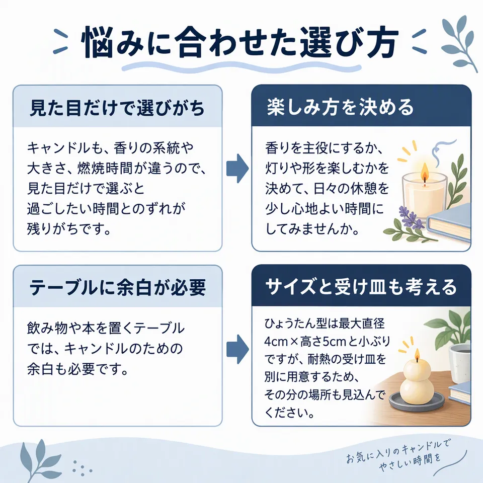 悩みと提案：キャンドルも、香りの系統や大きさ、燃焼時間が違うので、見た目だけで選ぶと過ごしたい時間とのずれが残りがちです。 → 香りを主役にするか、灯りや形を楽しむかを決めて、日々の休憩を少し心地よい時間にしてみませんか。／飲み物や本を置くテーブルでは、キャンドルのための余白も必要です。 → ひょうたん型は最大直径4cm×高さ5cmと小ぶりですが、耐熱の受け皿を別に用意するため、その分の場所も見込んでください。