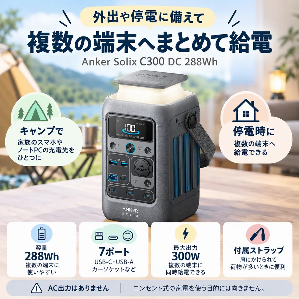 Anker Solix C300 DC 288Wh ダークグレーの要点：複数端末への給電・肩掛けで持ち運べる・満充電で保管可能