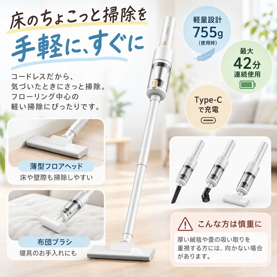 Yuuscc YU101 コードレス掃除機 Type-Cの要点：薄型フロアヘッド・布団ブラシ付き・タイプシー充電