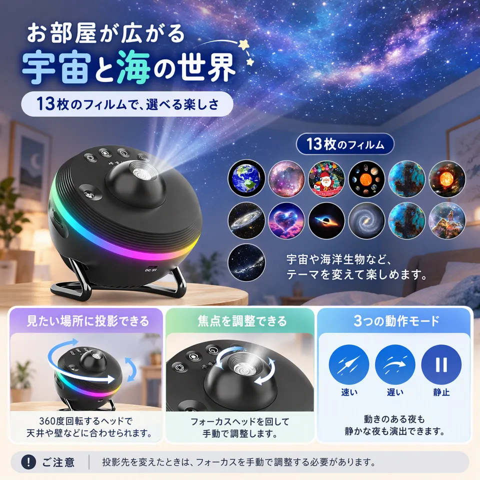 Galaxyプロジェクター 13枚フィルム付きの要点：宇宙や海の映像・焦点を手動調整・光の動きを選べる
