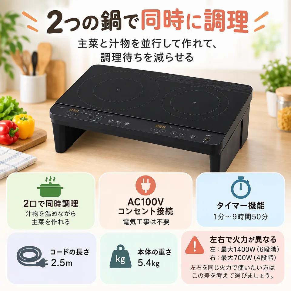 アイリスオーヤマ 2口IHコンロ スタンド付きの要点：並行調理に便利・工事不要で設置・タイマー付き