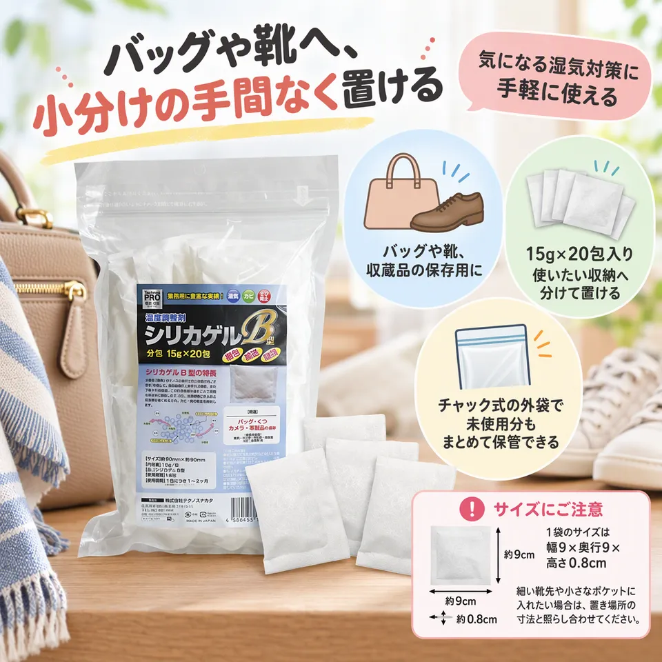 Technos PRO シリカゲルB型 15g×20包の要点：保存用の分包タイプ・チャック式の外袋