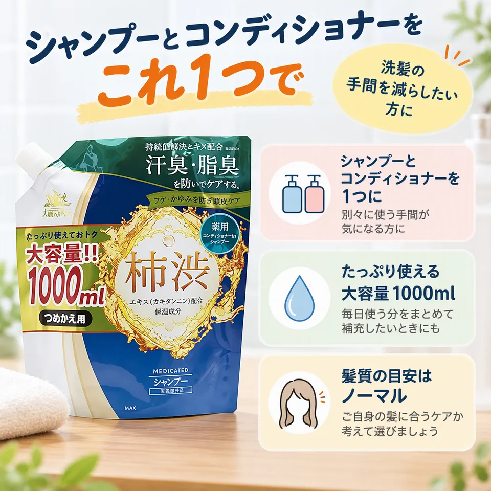 太陽のさちEX 薬用柿渋コンディショナーインシャンプー 詰替1000mlの要点：コンディショナーイン・ノーマル髪向け・大容量の詰め替え