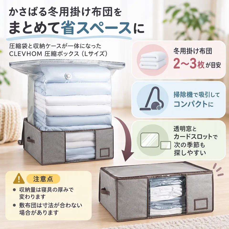 CLEVHOM 圧縮ボックス Lサイズ グレーの要点：掃除機で吸引・寝具をまとめて収納・カードで中身を管理