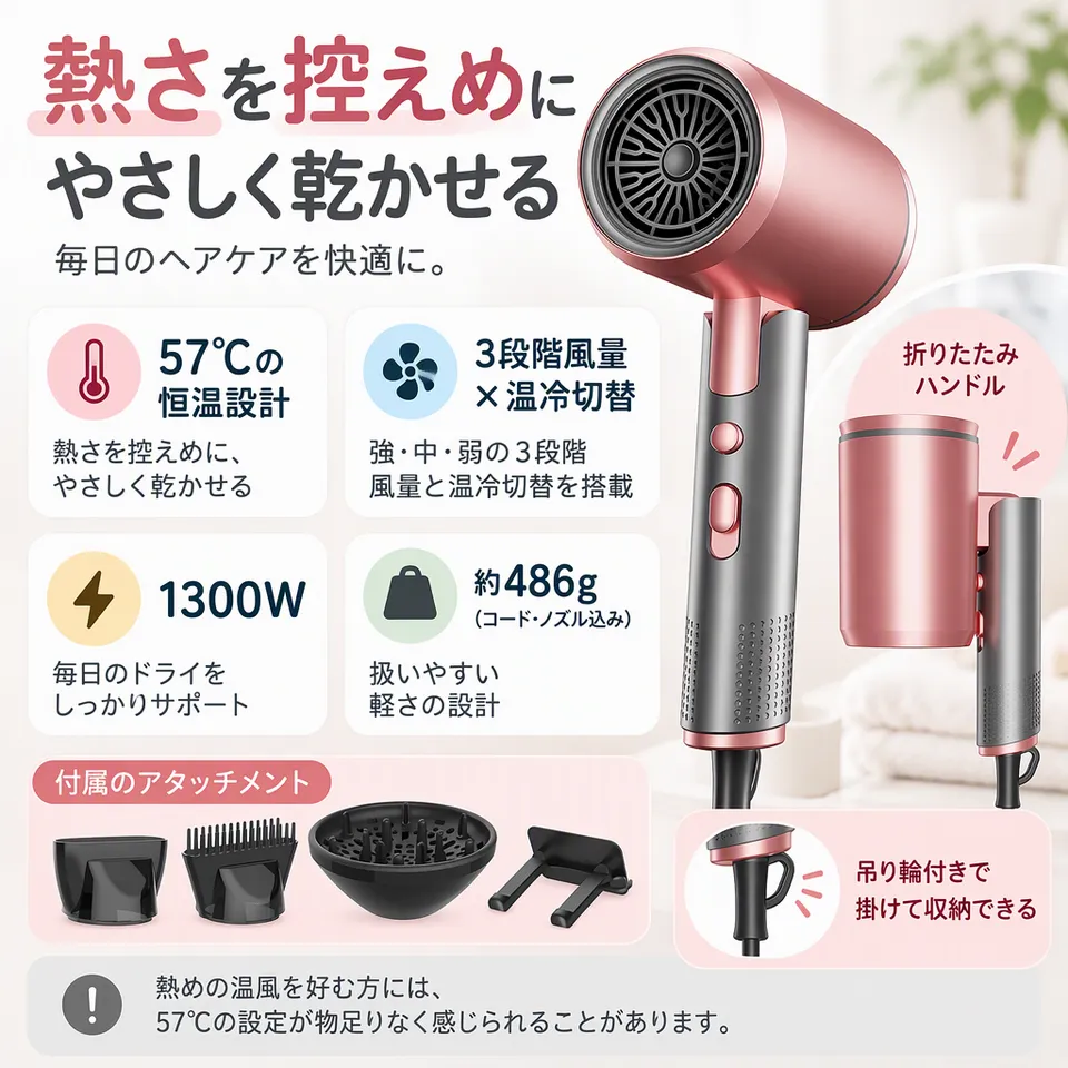 Dyweytel 折りたたみドライヤー PinkGreyの要点：恒温設計の温風・吊り輪で掛けて収納・温風と冷風を切替