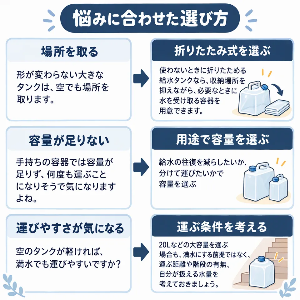 悩みと提案：形が変わらない大きなタンクは、空でも場所を取ります。 → 使わないときに折りたためる給水タンクなら、収納場所を抑えながら、必要なときに水を受け取る容器を用意できます。／手持ちの容器では容量が足りず、何度も運ぶことになりそうで気になりますよね。 → 給水の往復を減らしたいか、分けて運びたいかで容量を選ぶ／空のタンクが軽ければ、満水でも運びやすいですか？ → 20Lなどの大容量を選ぶ場合も、満水にする前提ではなく、運ぶ距離や階段の有無、自分が扱える水量を考えておきましょう。