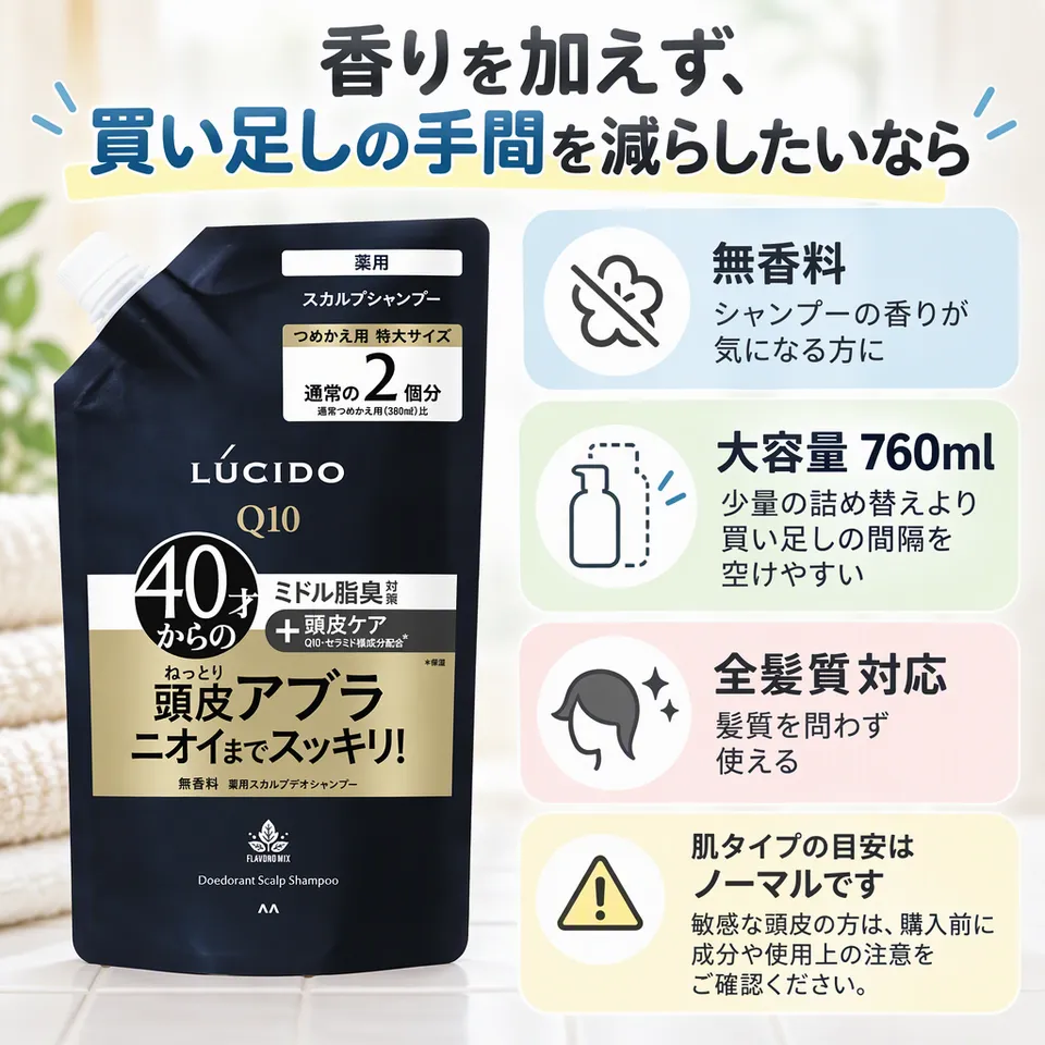 ルシード 薬用スカルプデオシャンプー 詰め替え760mlの要点：無香料で選べる・全髪質対応・大容量の詰め替え