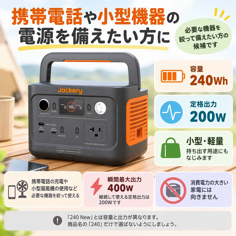 Jackery ポータブル電源 240 240Whの要点：小型機器向け・持ち運びやすい・携帯電話の充電に