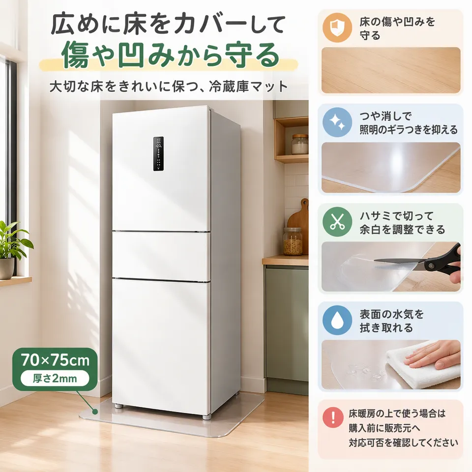 Keilymat 冷蔵庫マット 70×75cm 厚さ2mmの要点：広めに床を保護・つや消しでなじむ・ハサミで調整可能