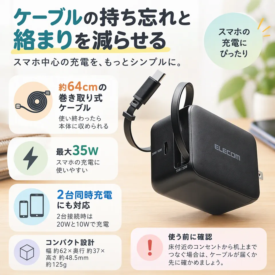 エレコム 35W EC-AC12835BK ブラックの要点：巻き取りですっきり・追加ポート付き・スマホ中心に