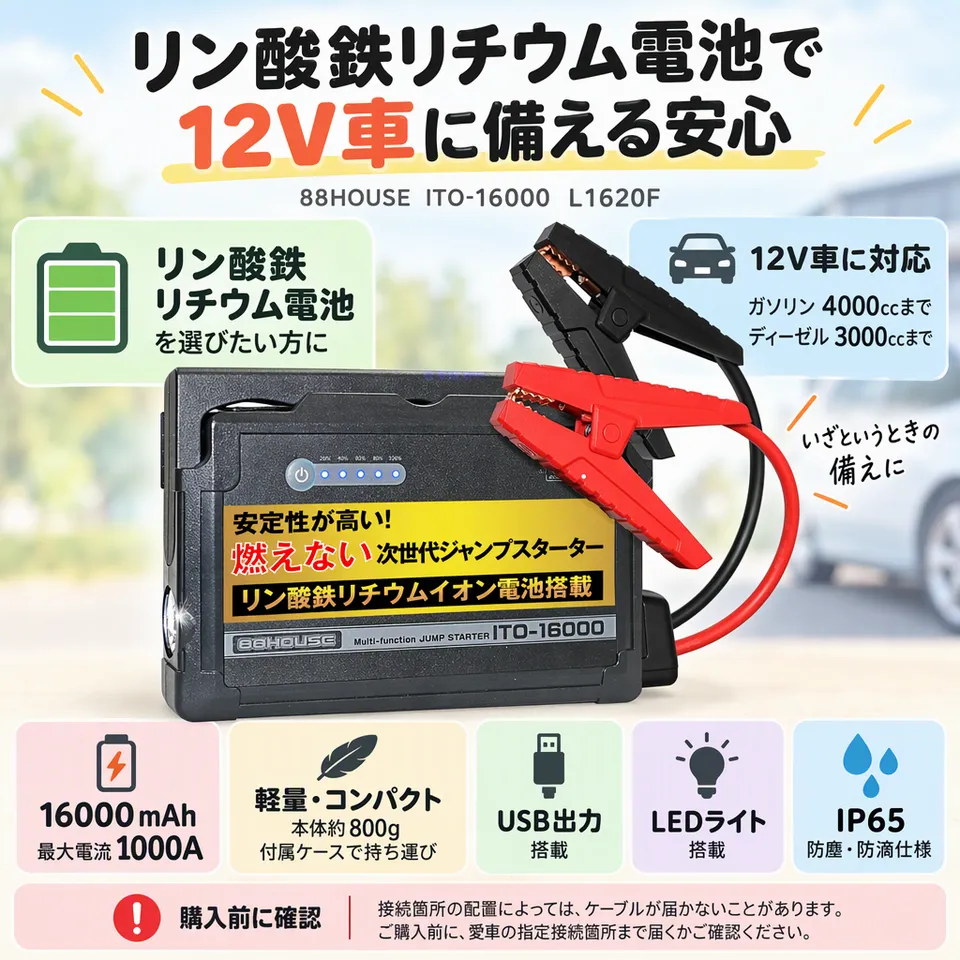 88HOUSE ITO-16000 L1620Fの要点：リン酸鉄電池を採用・防塵防滴の筐体・携帯ケース付き