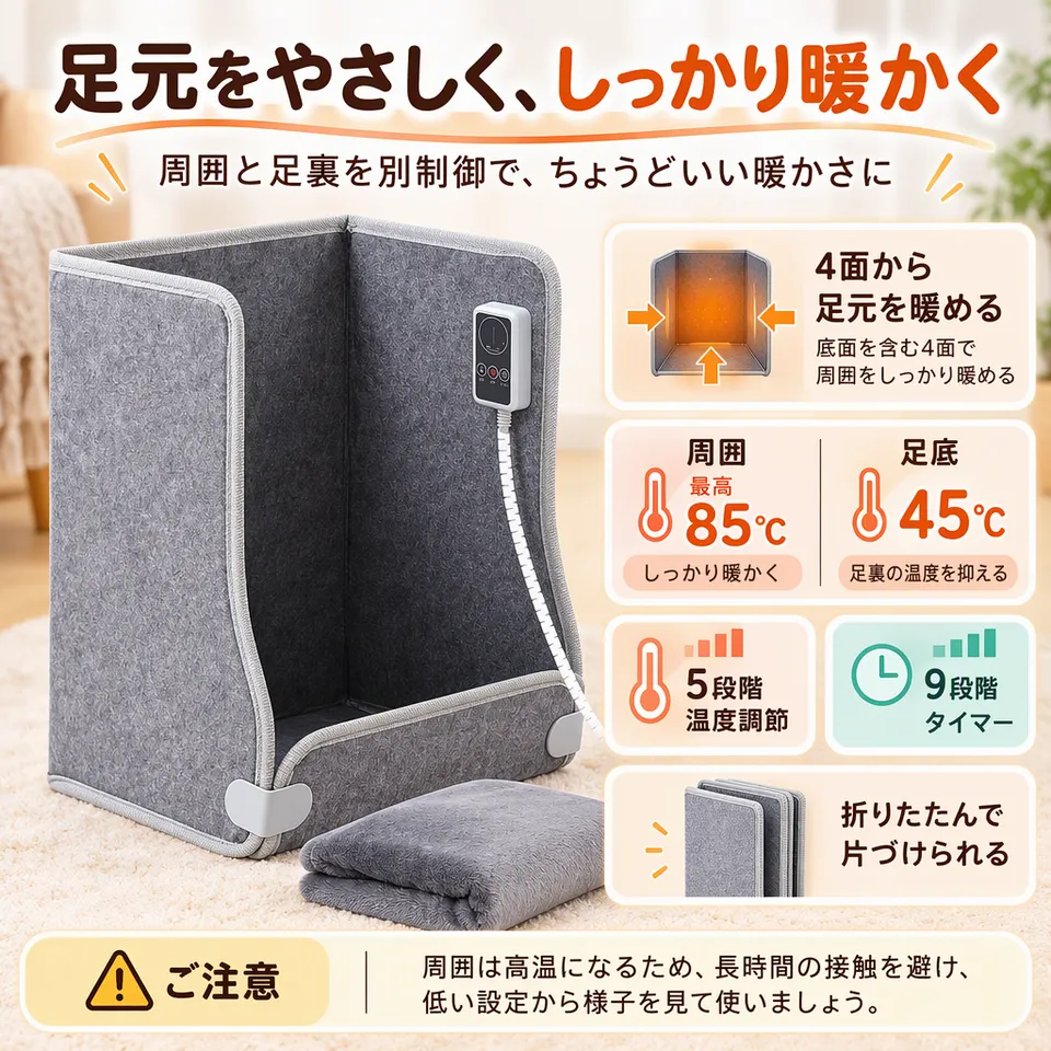HEATFAR パネルヒーター pro 85℃高温版の要点：周囲と足底を別制御・足裏まで暖める・折りたたみ式