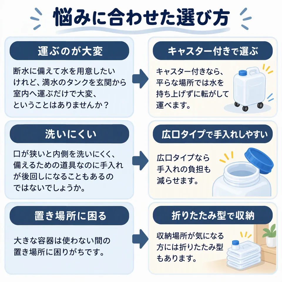 悩みと提案：断水に備えて水を用意したいけれど、満水のタンクを玄関から室内へ運ぶだけで大変、ということはありませんか？ → キャスター付きなら、平らな場所では水を持ち上げずに転がして運べます。／口が狭いと内側を洗いにくく、備えるための道具なのに手入れが後回しになることもあるのではないでしょうか。 → 広口タイプなら手入れの負担も減らせます。／大きな容器は使わない間の置き場所に困りがちです。 → 収納場所が気になる方には折りたたみ型もあります。