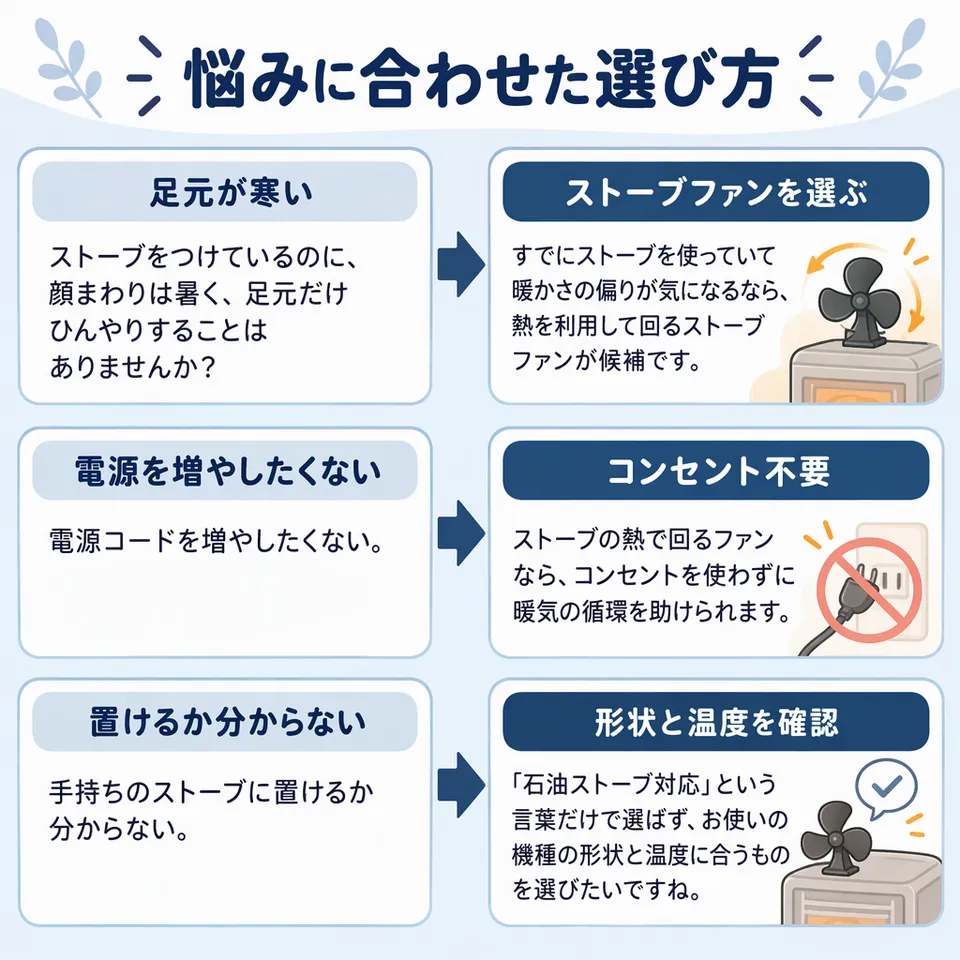 悩みと提案：ストーブをつけているのに、顔まわりは暑く、足元だけひんやりすることはありませんか？ → すでにストーブを使っていて暖かさの偏りが気になるなら、熱を利用して回るストーブファンが候補です。／電源コードを増やしたくない → ストーブの熱で回るファンなら、コンセントを使わずに暖気の循環を助けられます。／手持ちのストーブに置けるか分からない → 『石油ストーブ対応』という言葉だけで選ばず、お使いの機種の形状と温度に合うものを選びたいですね。
