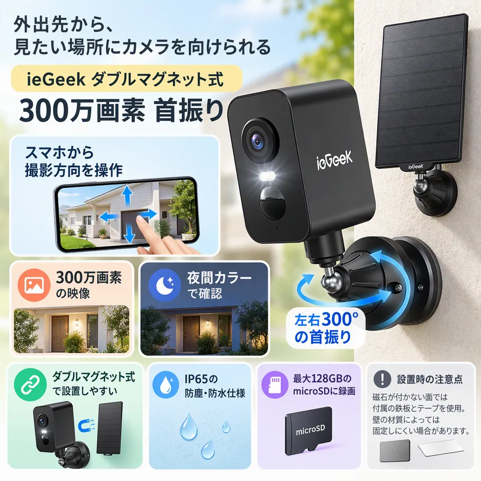 ieGeek ダブルマグネット式 300万画素 首振りの要点：本体もパネルも磁石式・スマホで首振り操作・カード保存に対応