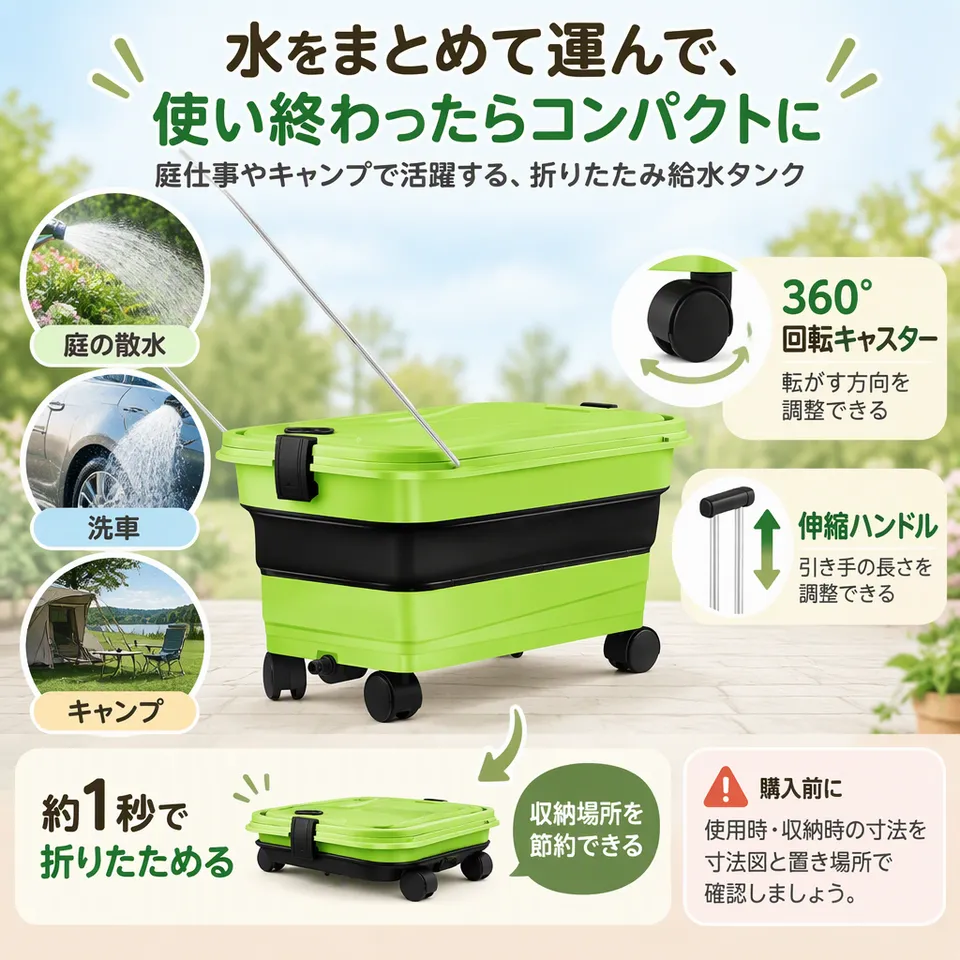 CORDOL 折りたたみ給水タンク グリーンの要点：折りたたみ収納・伸縮ハンドル付き・回転キャスター