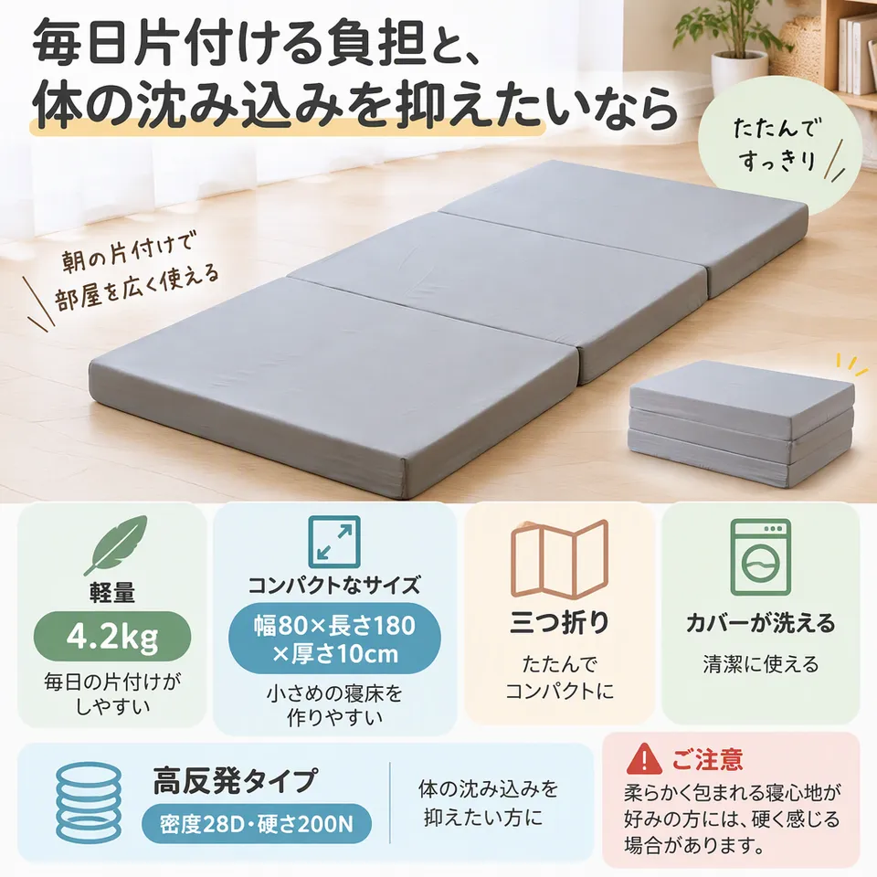 山善 セミシングルショート SOM3-SSS(DGY)の要点：洗えるカバー・硬めの高反発・折りたたんで収納