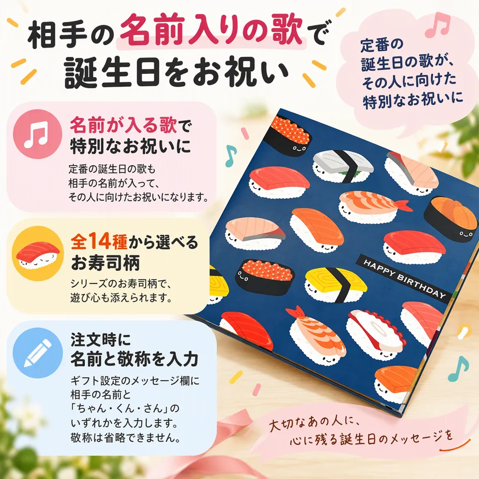 名前で歌うバースデーカード お寿司の要点：名前入りの歌・お寿司柄・敬称を選べる