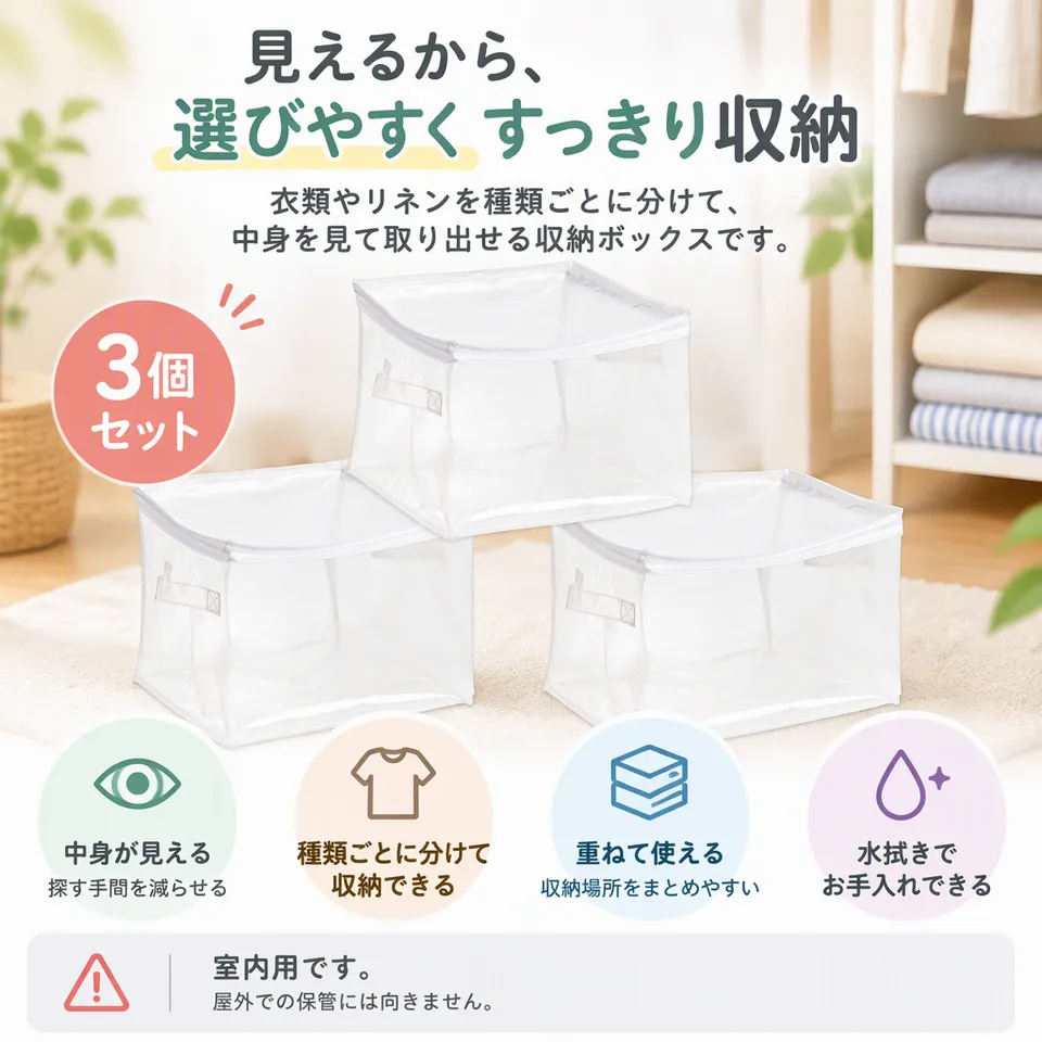Amazonベーシック 収納ボックス クリア 3個セットの要点：中身が見える透明収納・ファスナーで開閉・水拭きでお手入れ