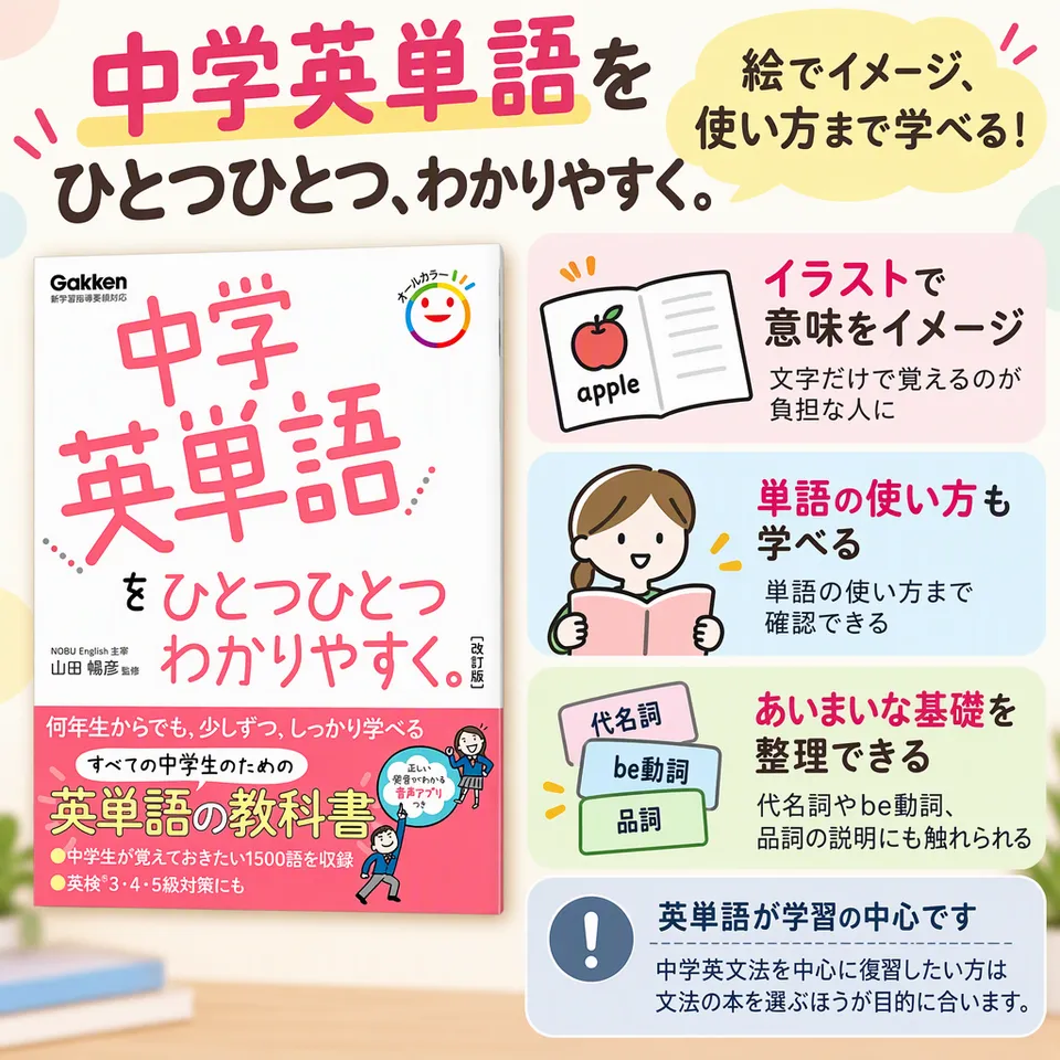 中学英単語をひとつひとつわかりやすく。改訂版の要点：絵で単語をイメージ・単語の使い方も学べる・基礎事項の説明も