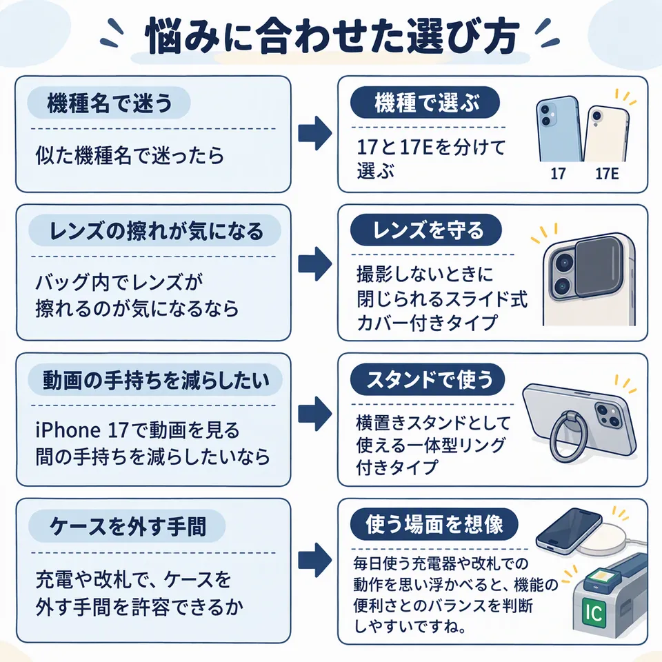 悩みと提案：似た機種名で迷ったら → 17と17Eを分けて選ぶ／バッグ内でレンズが擦れるのが気になるなら → 撮影しないときに閉じられるスライド式カバー付きタイプ／iPhone 17で動画を見る間の手持ちを減らしたいなら → 横置きスタンドとして使える一体型リング付きタイプ／充電や改札で、ケースを外す手間を許容できるか → 毎日使う充電器や改札での動作を思い浮かべると、機能の便利さとのバランスを判断しやすいですね。