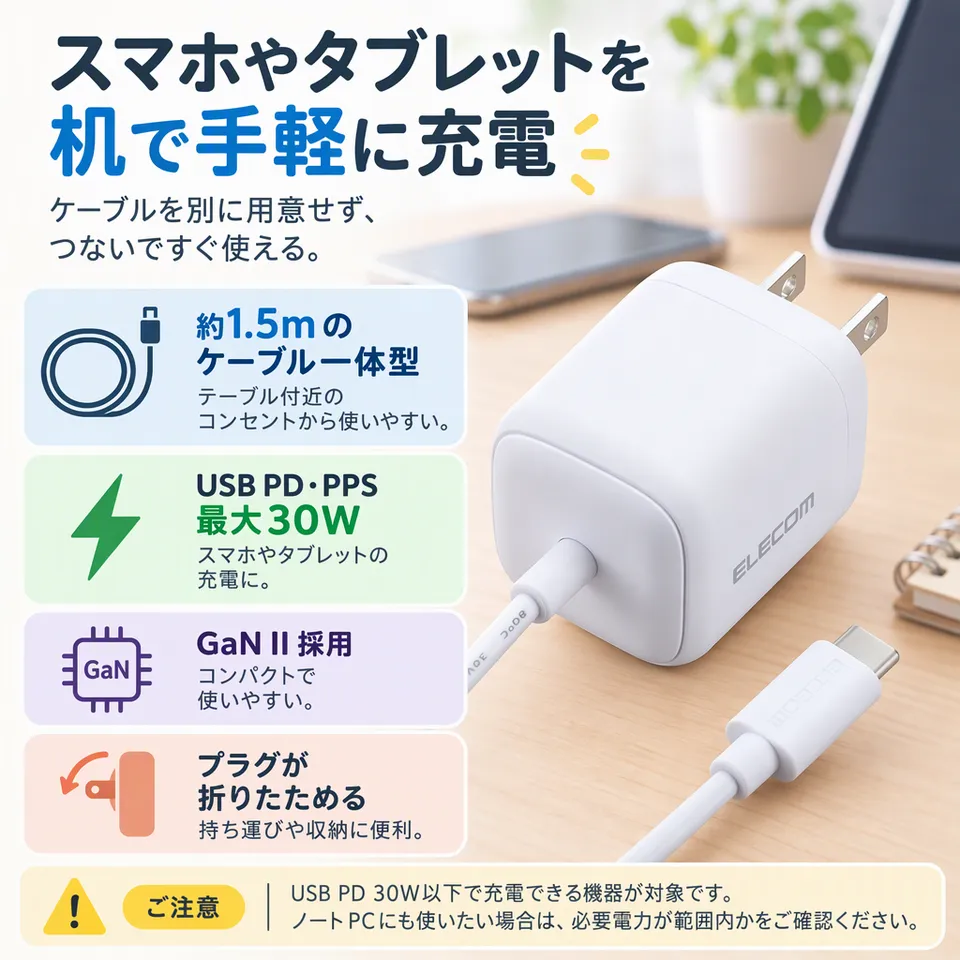 エレコム 30W MPA-ACCP7930WH ホワイトの要点：長めの一体型ケーブル・スマホやタブレットに・折りたたみ式プラグ