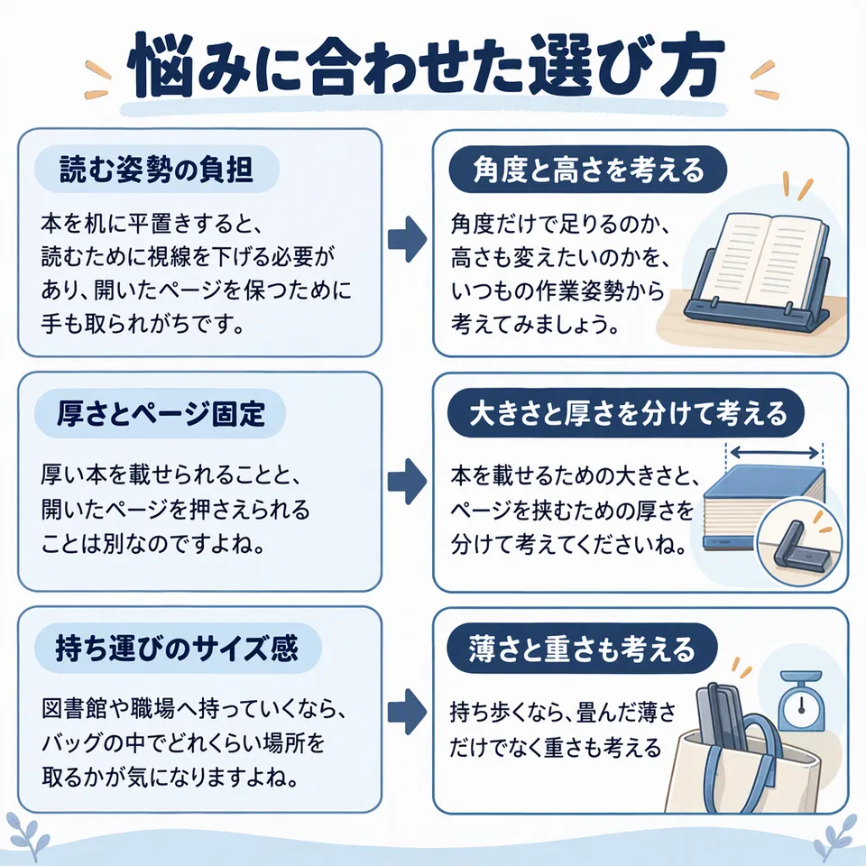悩みと提案：本を机に平置きすると、読むために視線を下げる必要があり、開いたページを保つために手も取られがちです。 → 角度だけで足りるのか、高さも変えたいのかを、いつもの作業姿勢から考えてみましょう。／厚い本を載せられることと、開いたページを押さえられることは別なのですよね。 → 本を載せるための大きさと、ページを挟むための厚さを分けて考えてくださいね。／図書館や職場へ持っていくなら、バッグの中でどれくらい場所を取るかが気になりますよね。 → 持ち歩くなら、畳んだ薄さだけでなく重さも考える